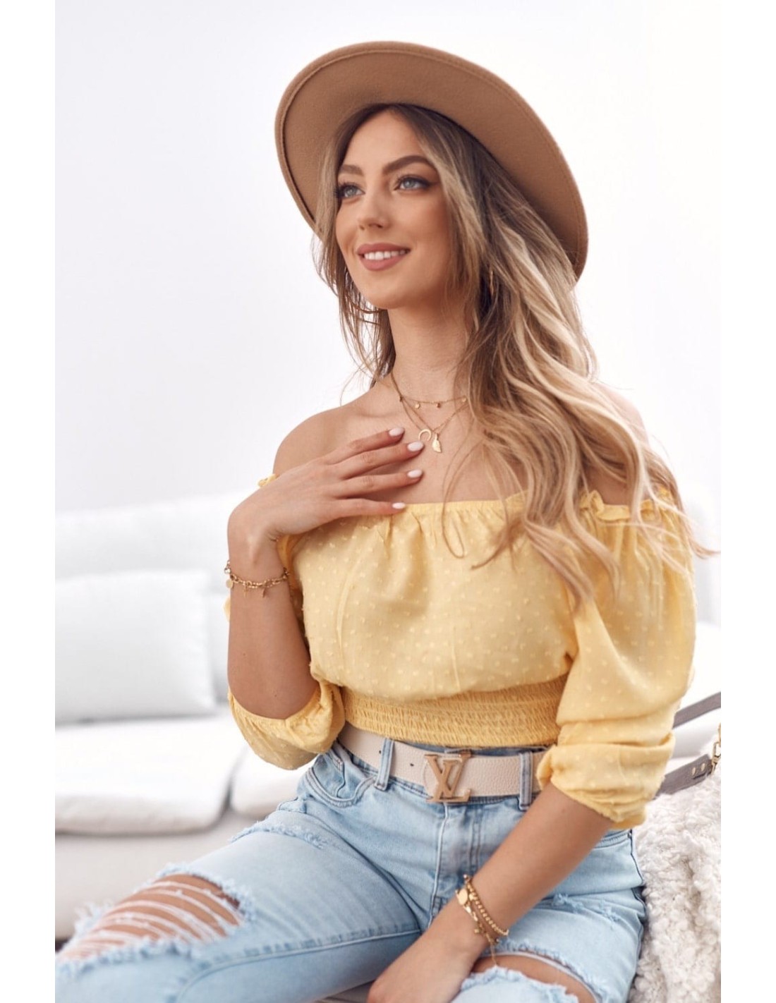 Yellow short blouse with ruffles at the bottom MP29390 - Online store - Boutique